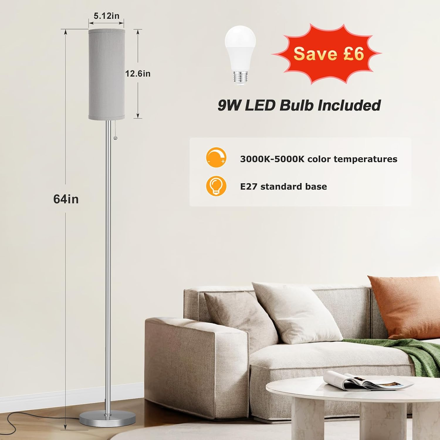 Detalle 2 de Aooshine grey floor lamp, 64 inch standing lamp