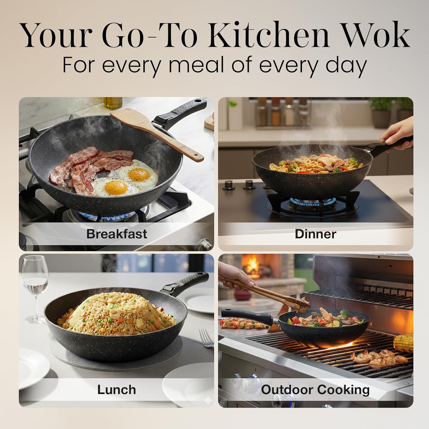 Thumbnail 1 de nuovva Non-Stick Wok Pan with Glass Lid – 28cm Deep Stir Fry Pan with Induction Base and Detachable Handle