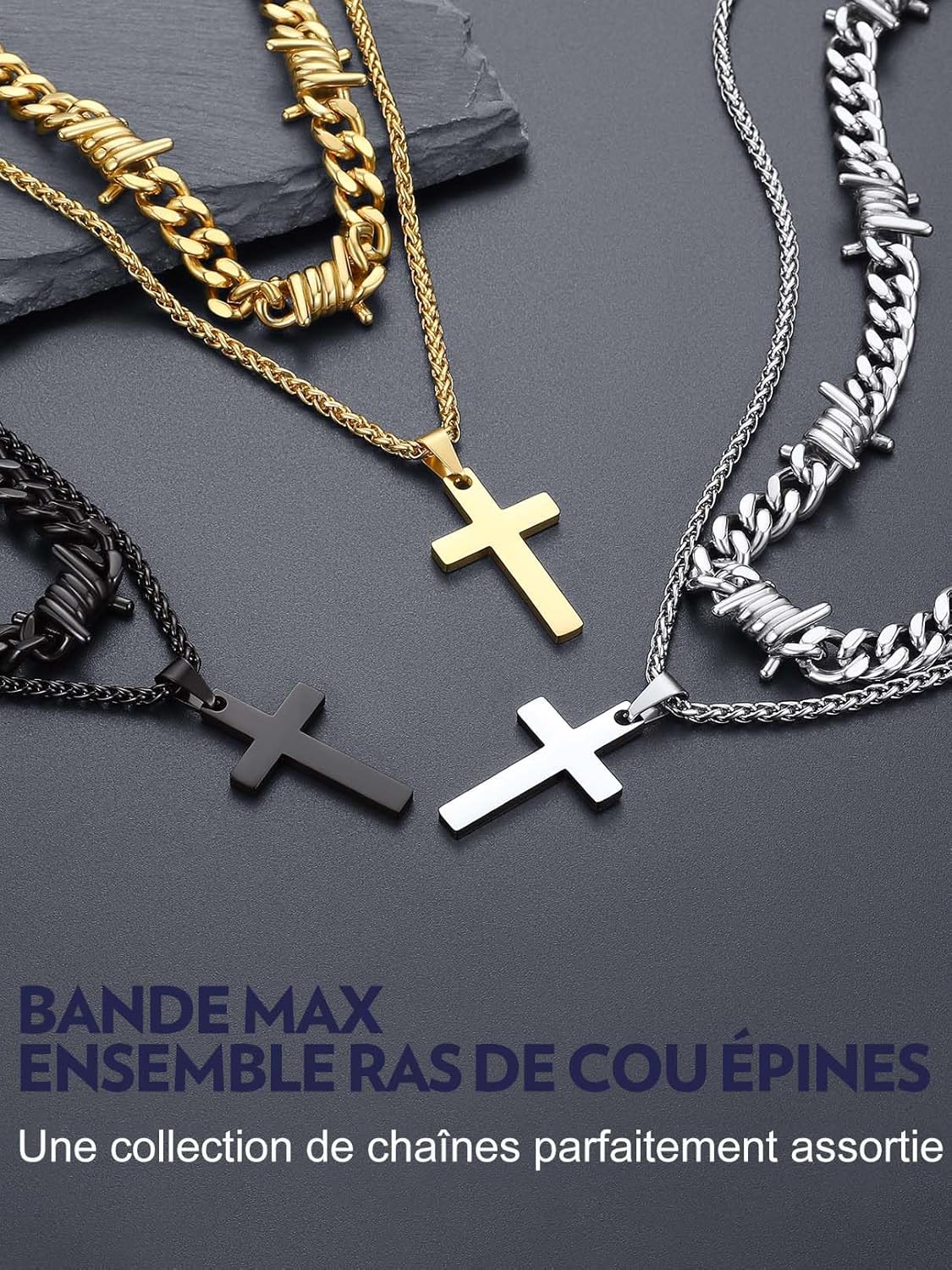 Thumbnail 6 de Bandmax Chaîne Homme Acier Inoxydable Épines et Croix – 40/45/50/55 cm, 9–12 mm (Gothique) – Collier Hip Hop