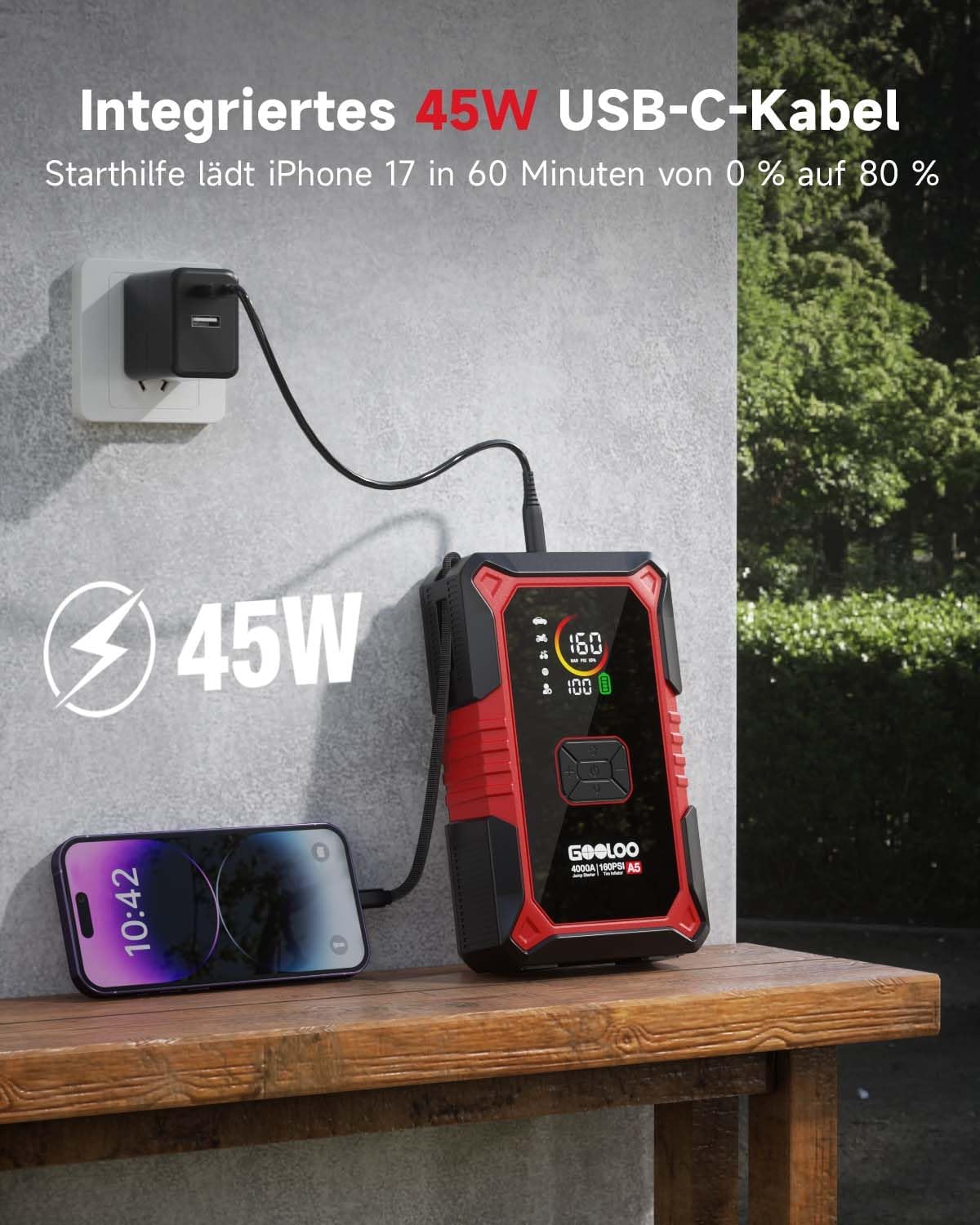 Detalle de GOOLOO A5 Starthilfe Powerbank mit Kompressor – 4-in-1 Jumpstarter für 12V (Benzin & bis zu 10L Diesel) mit 160 PSI Pumpe