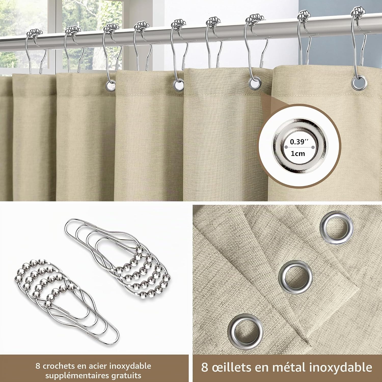 Detalle de VANZAVANZU Rideau de Douche Lin avec Anneaux en Métal – Taupe 122x182 cm