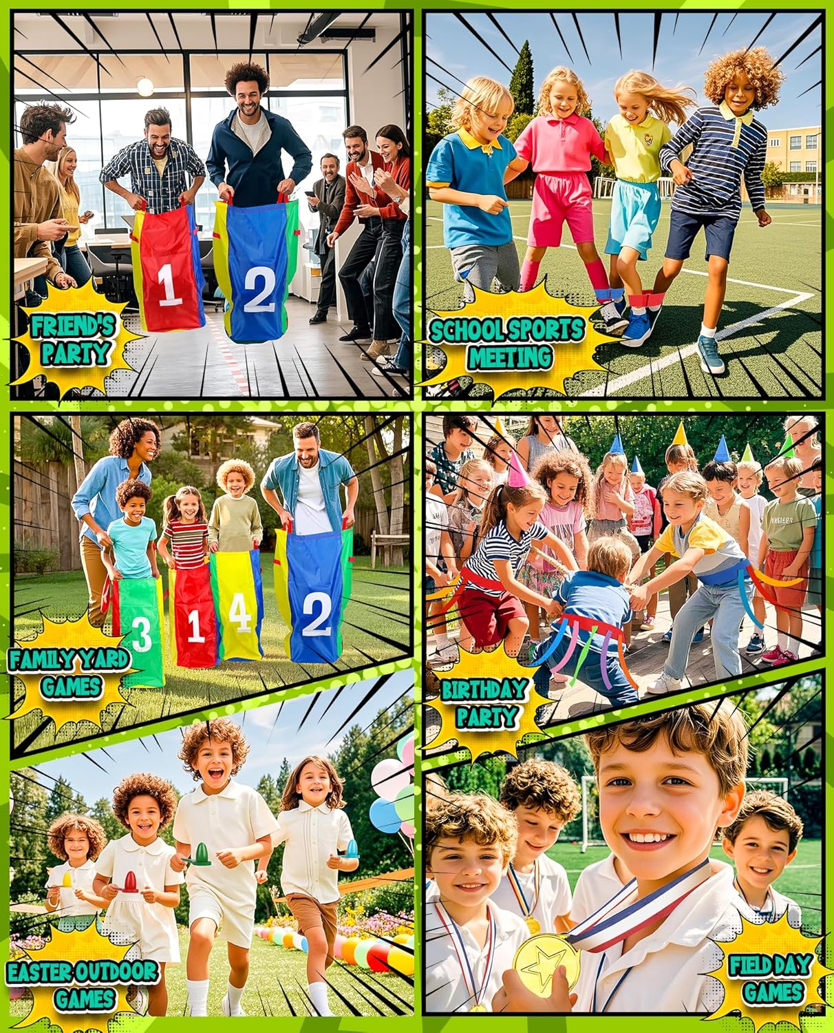 Thumbnail 5 de Eocolz Outdoor Carnival Games set for Easter, birthdays and field days – potato sack bags, 3-legged race bands, egg & spoon and catch-tail belts