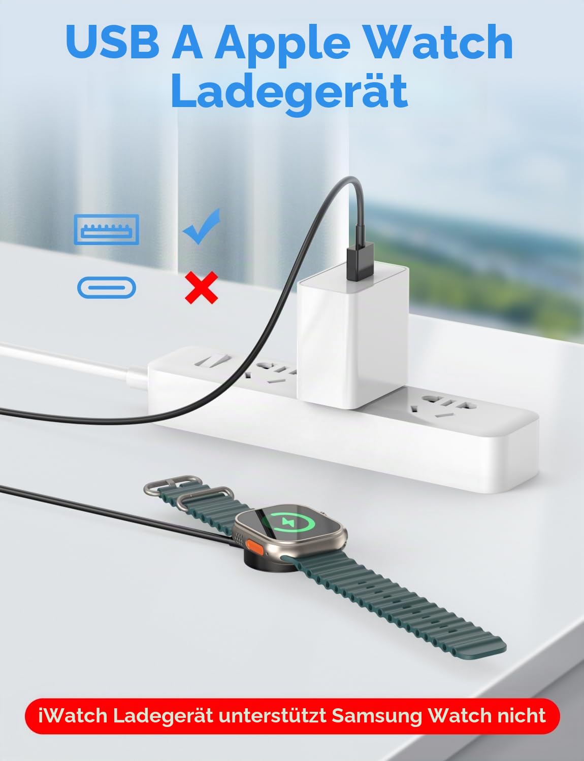 Detalle 2 de iWatch Ladegerät USB magnetisches Kabel (2026 Upgraded) für Apple Watch – Serie 11/10/9/8/7/6/SE bis 1, Schwarz