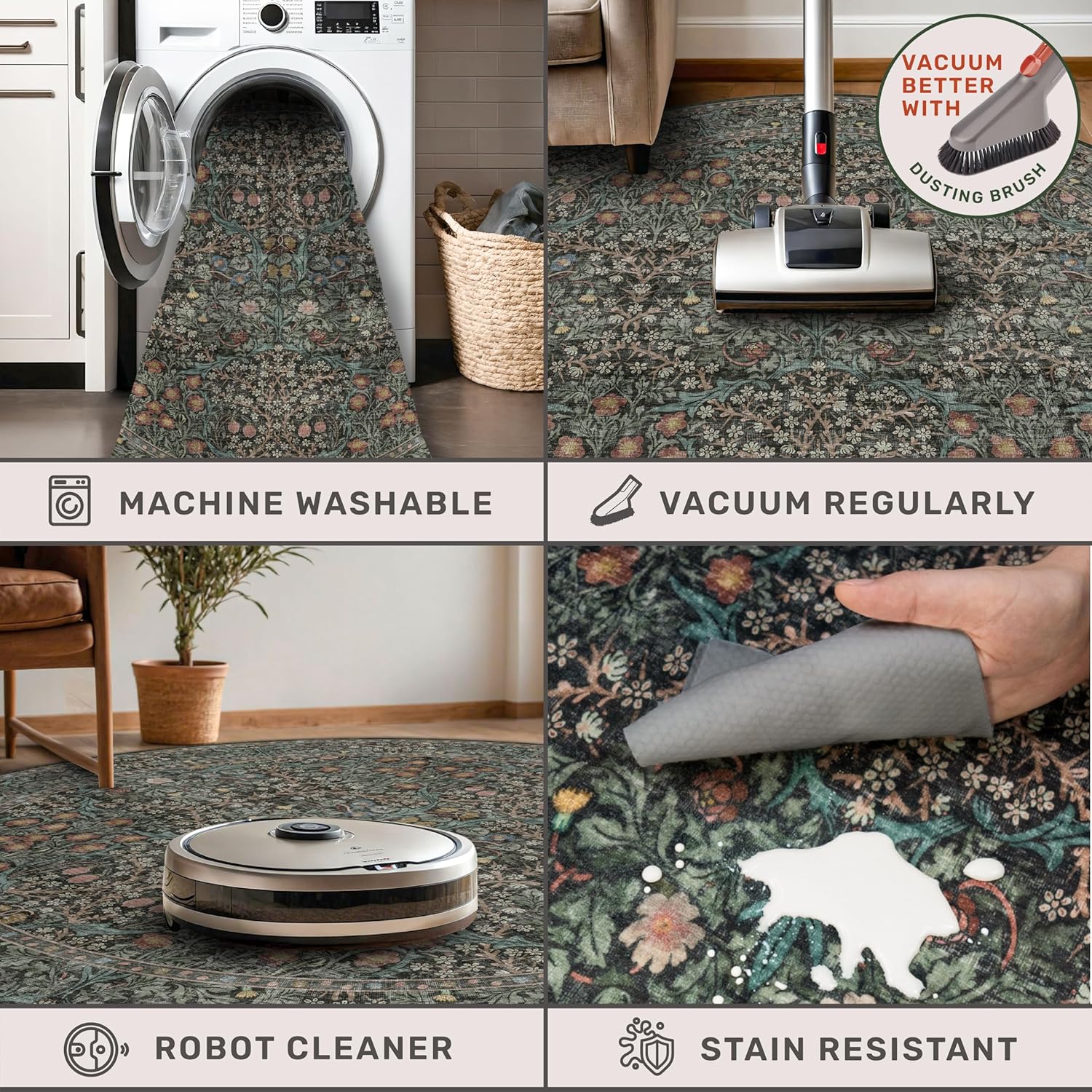 Thumbnail 3 de Hazo Haus Washable Round Area Rug (6ft) in Dark Green Floral — Non-Slip Rubber Backing