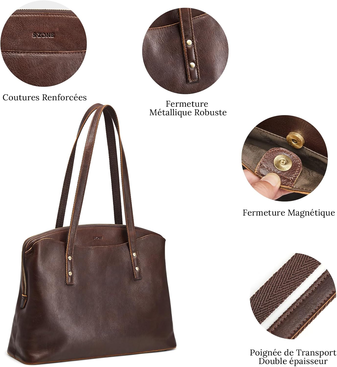 Detalle de S-ZONE Grand sac fourre-tout en cuir pour femme — Sac à main de travail et ordinateur 15,6