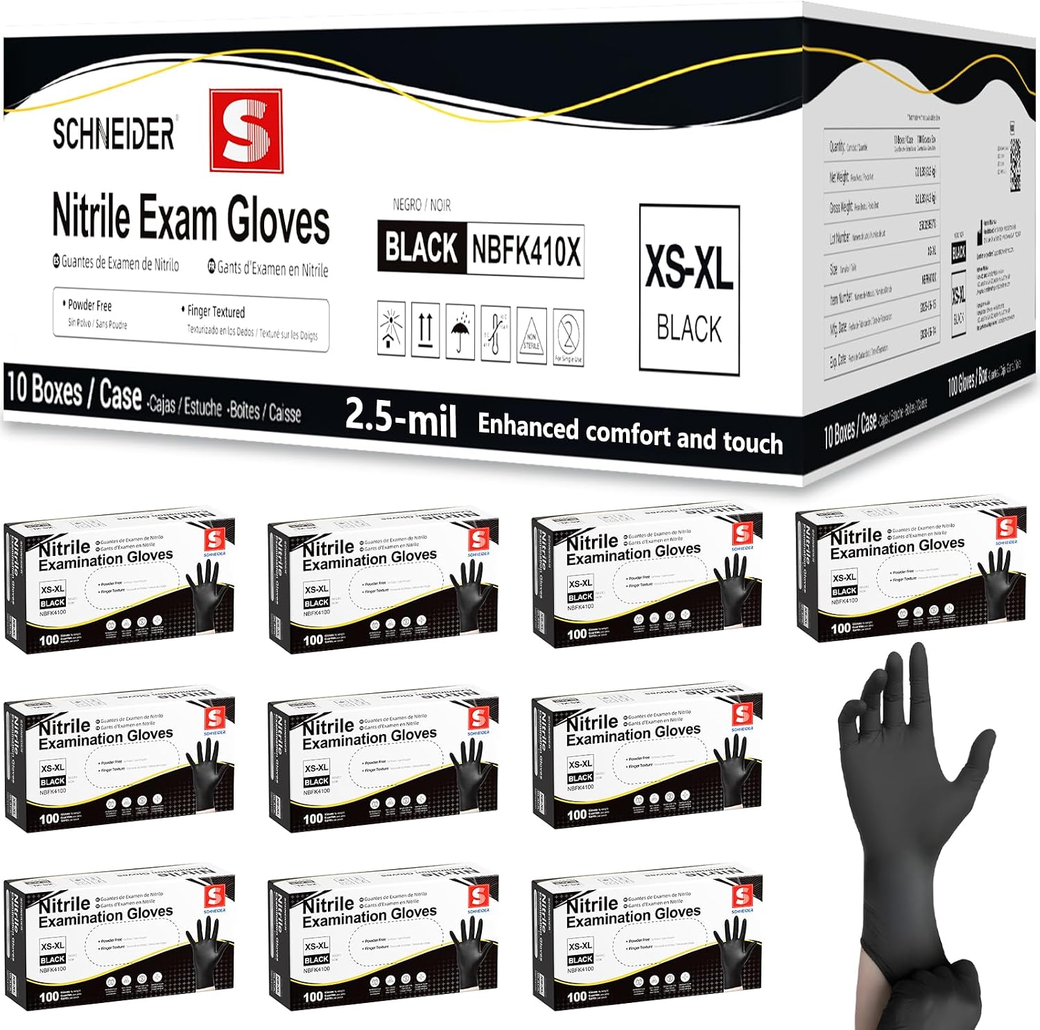 Thumbnail 6 de Schneider Medical Black Nitrile Gloves: Powder Free, Latex Free, 2.5 mil Exam-Grade (S–XL)