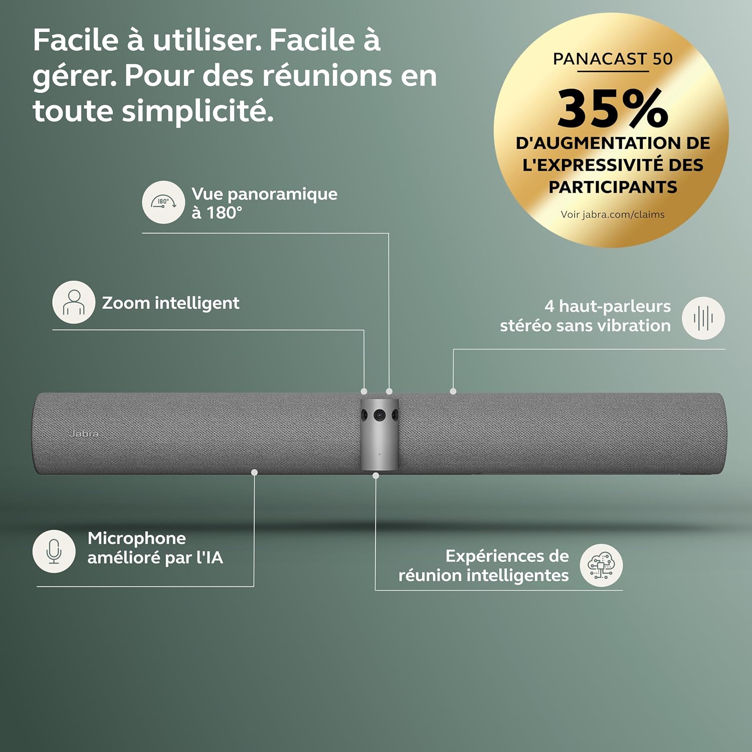 Detalle de Barre vidéo panoramique 4K Jabra PanaCast 50 – Caméra de visioconférence pour petites et moyennes salles