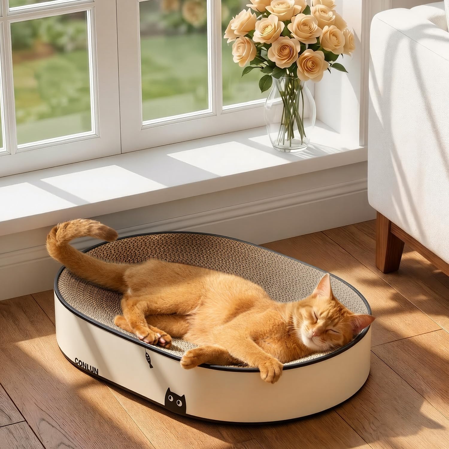 Detalle de Conlun Oval Cat Scratcher Bed, Large – Corrugated Cardboard Scratching Board & Lounge Bowl