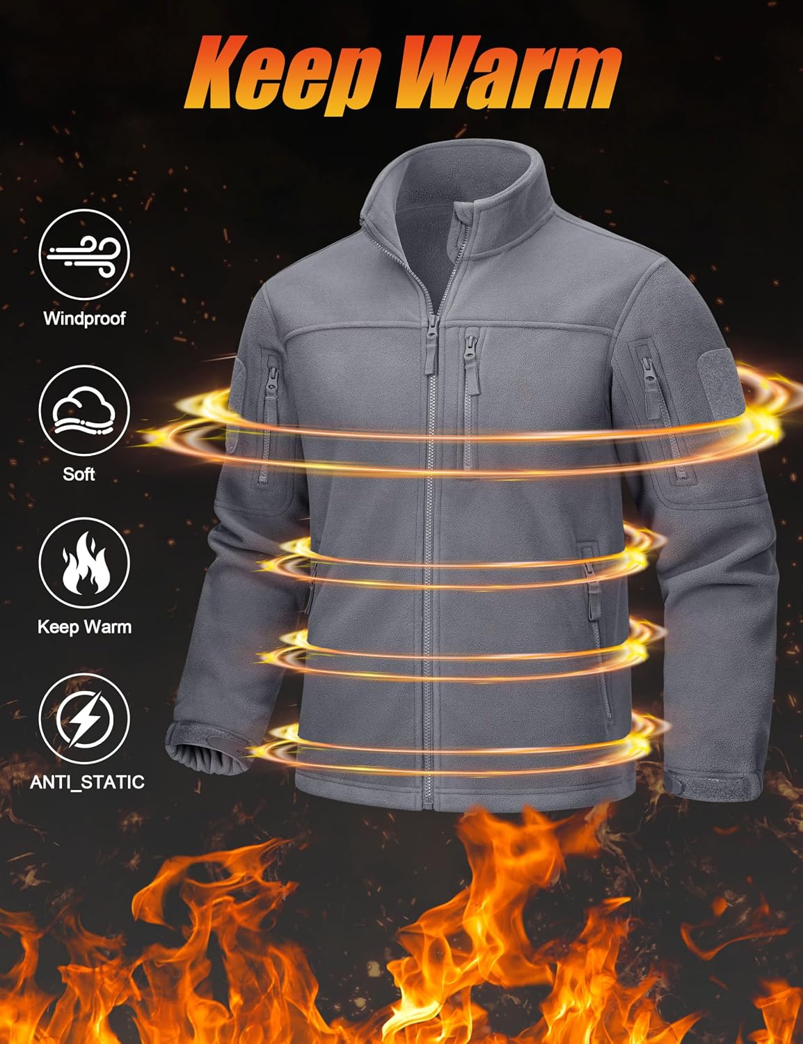 Detalle de CRYSULLY Men's Fleece Jacket, Tactical Work Coat with Five Zip Pockets
