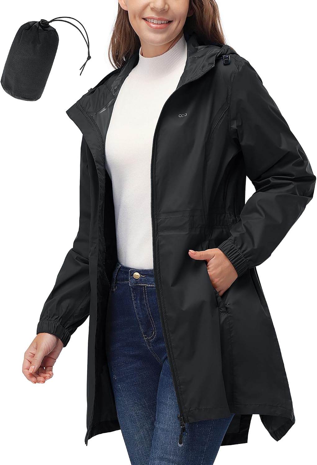 Detalle de 33,000ft 3JL048 Women's Long Waterproof Raincoat, Packable with Hood and Zip Pockets