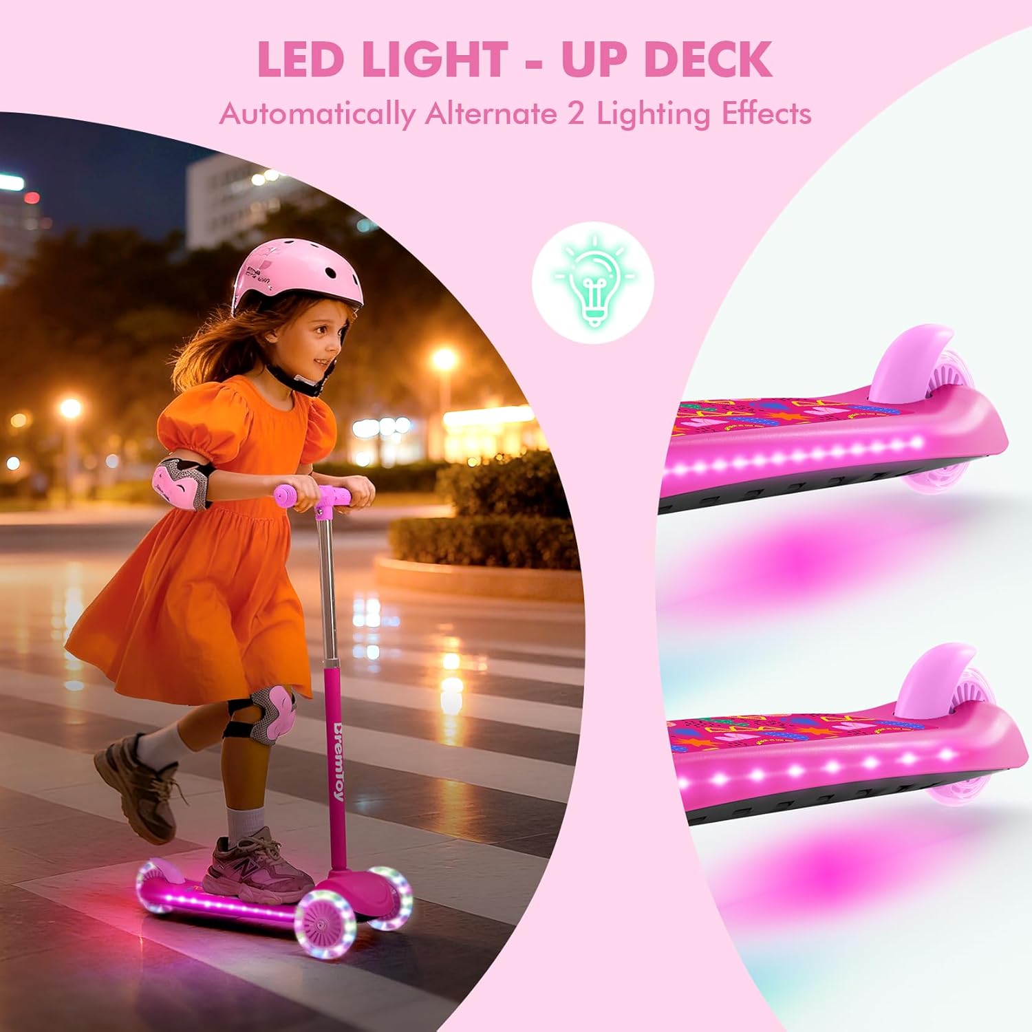 Thumbnail 3 de BremToy Roller Kinder ab 3 Jahren – leuchtendes Deck, PU-Räder, höhenverstellbar (56/71/76/82 cm)