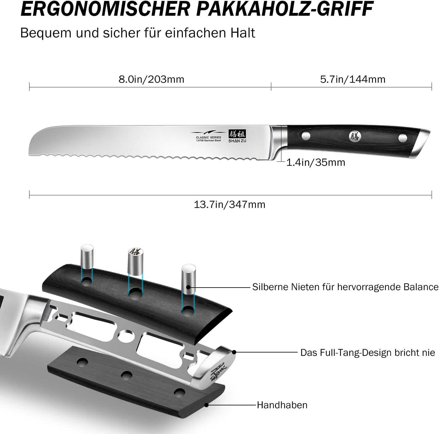 Thumbnail 1 de SHAN ZU Brotmesser 20 cm – gezackte Klinge aus deutschem Edelstahl, Pakkwood-Griff
