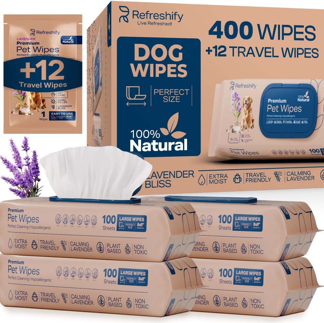 REFRESHIFY Dog Wipes for Paws and Butt – Plant-Based Lavender Scented (Pack of 400) plus 12 Travel Wipes