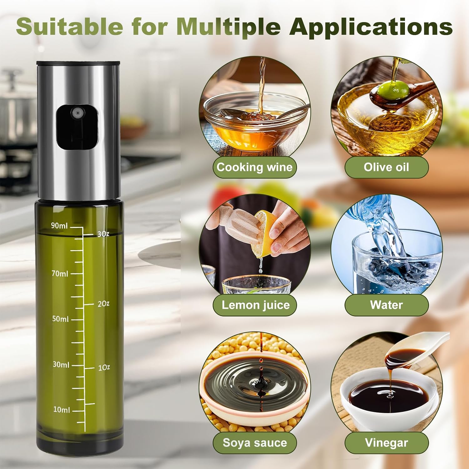Detalle de Byitin 2PCS Oil Spray Bottle 100ML – Green UV Protected Glass with Large Stainless Funnel