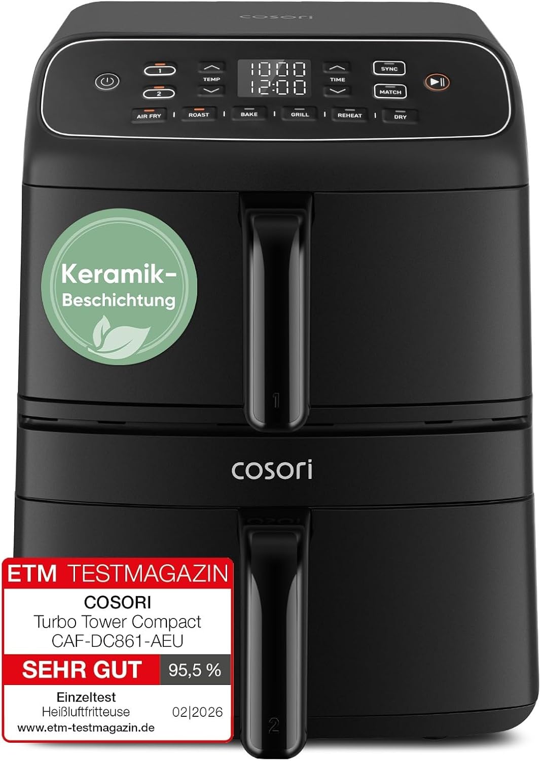 Detalle de COSORI Airfryer Turbo Tower Compact (DC861) – Heißluftfritteuse mit 2 Kammern und Keramikbeschichtung