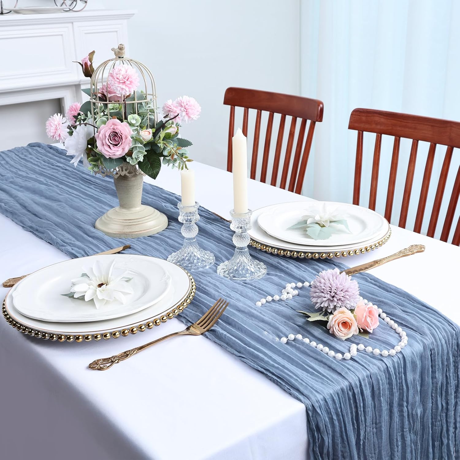 Thumbnail 4 de RestfulGlow 6-Pack Dusty Blue Cheesecloth Table Runner Set (10 ft) — Boho Gauze for Parties, Weddings & Baby Showers