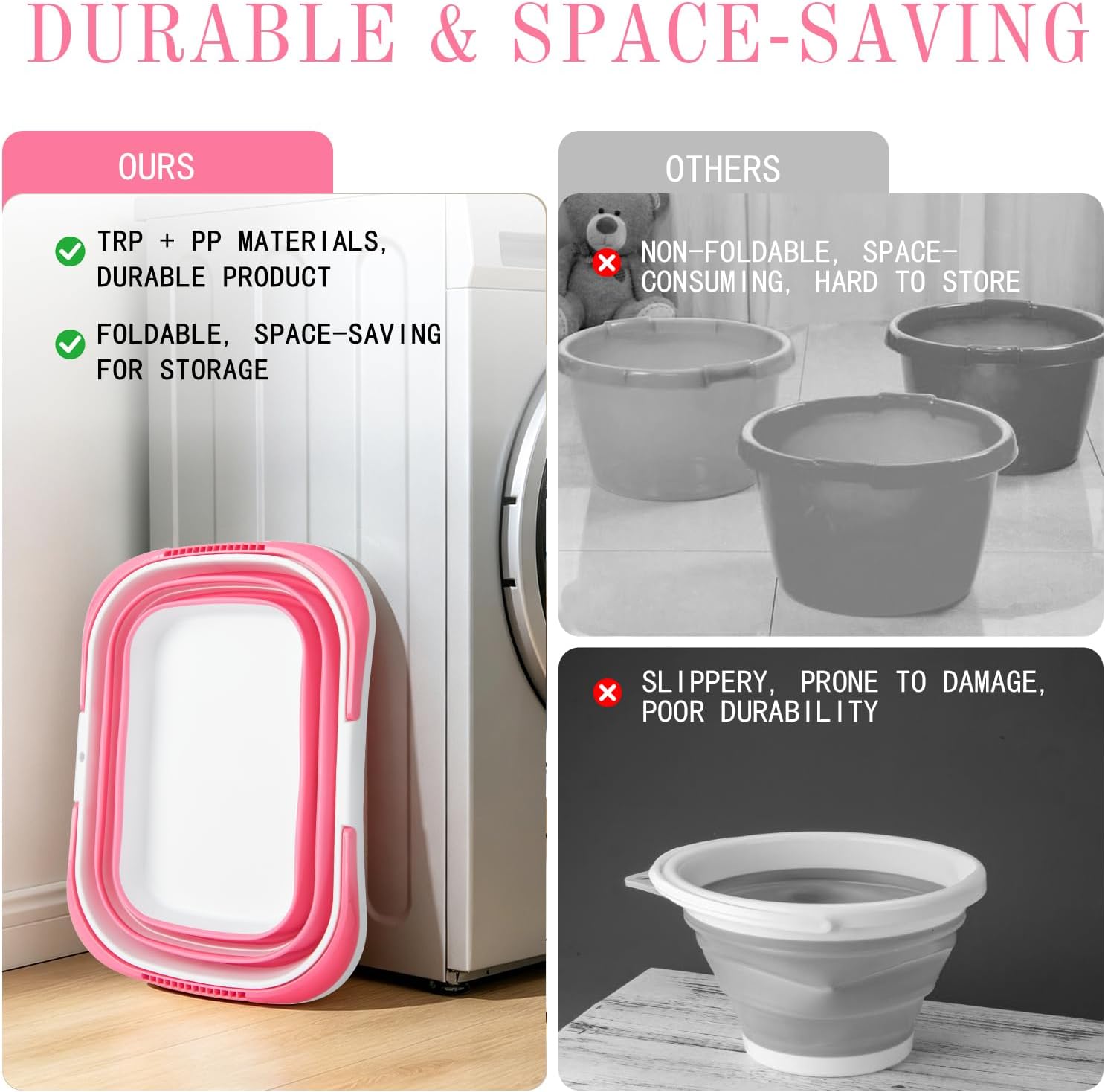 Detalle de XXFLOWER 16 L Collapsible Cleaning Bucket, Pink and White, Space-Saving Design