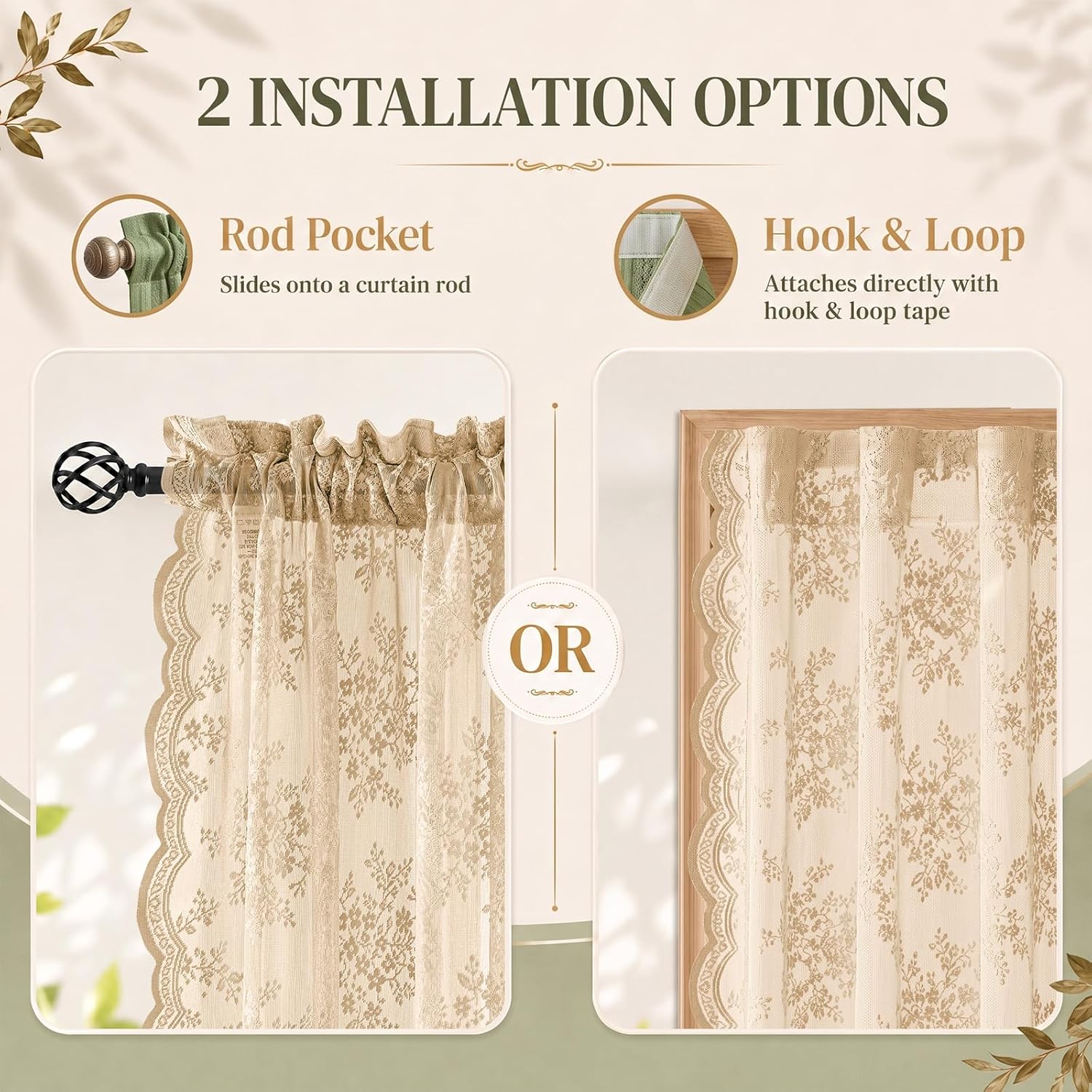 Detalle 2 de AJAZZ Beige Floral Lace Curtains, Set of 2 Panels (52 x 63 in): 2-in-1 No-Drill Light Filtering Sheer Curtains with Scalloped Edge