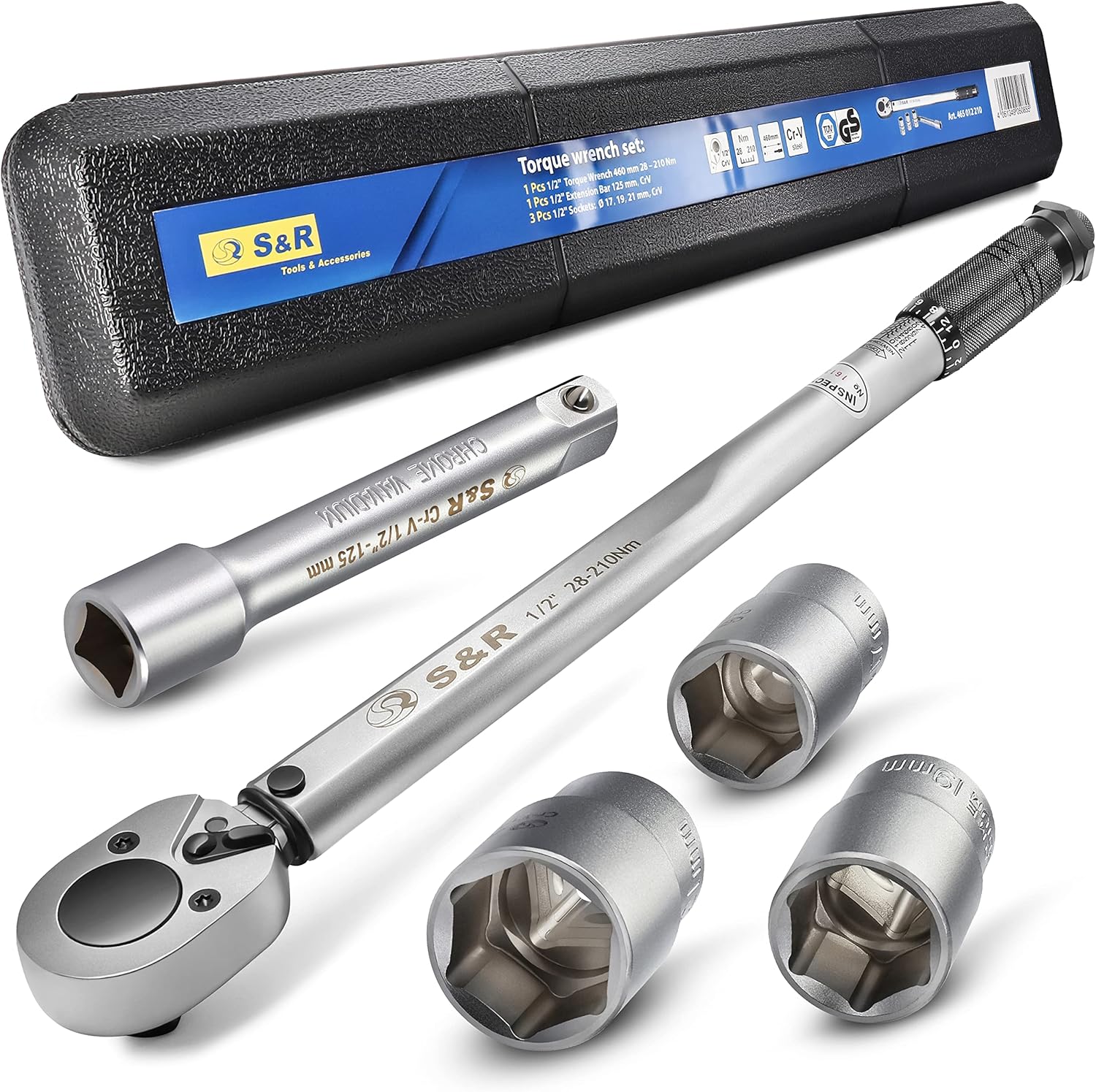 Detalle de S&R 1/2" Torque Wrench Set (47.5 cm) – 28–210 Nm with 12.5 cm Extension and 17–21 mm Sockets