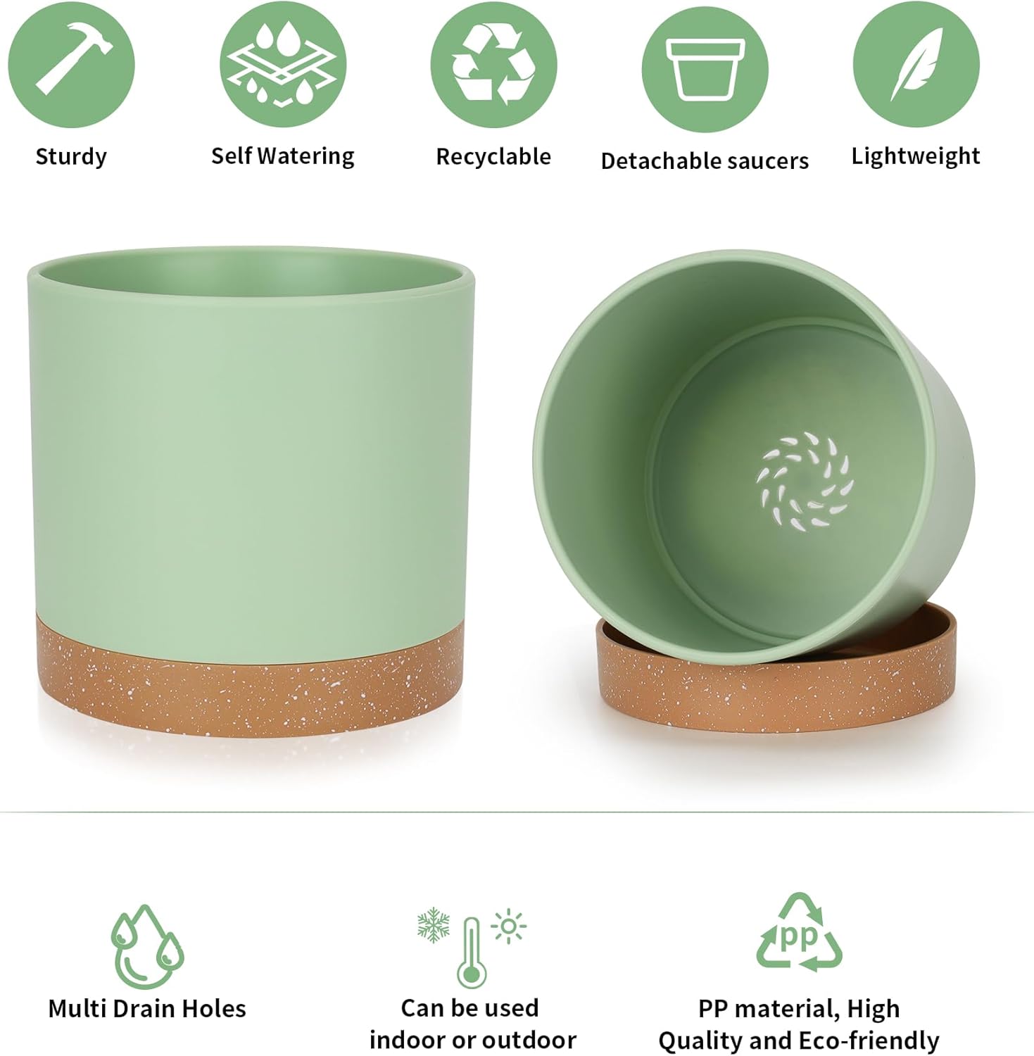 Thumbnail 2 de CSYY Indoor Plant Pots: Self-Watering, Plastic, with Drainage Holes and Tray (Green) – 7/6.5/6/5/4