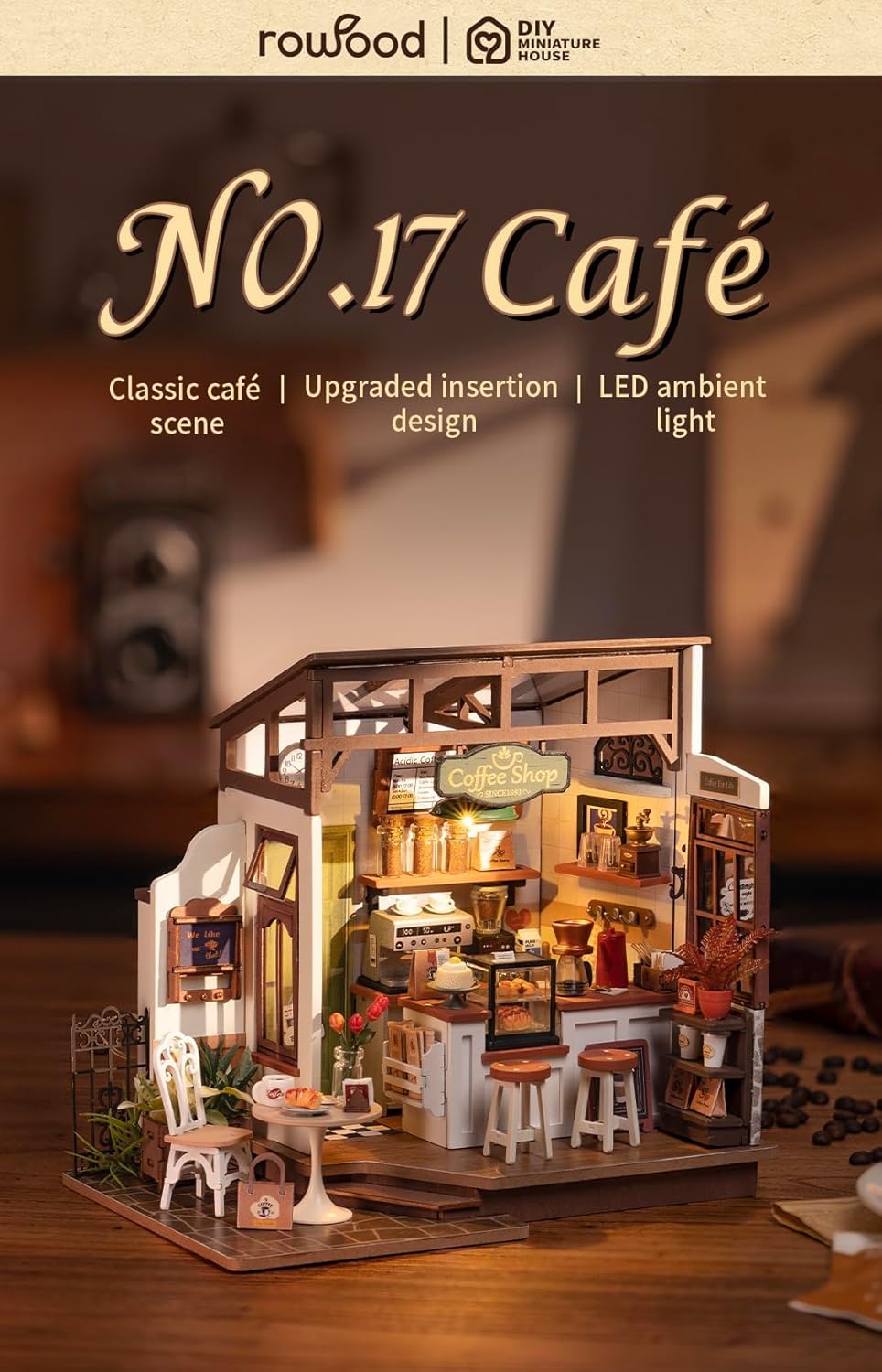 Thumbnail 1 de Rowood Coffee Miniature House Kit: Cozy Open-Concept Dollhouse with LED for Adults
