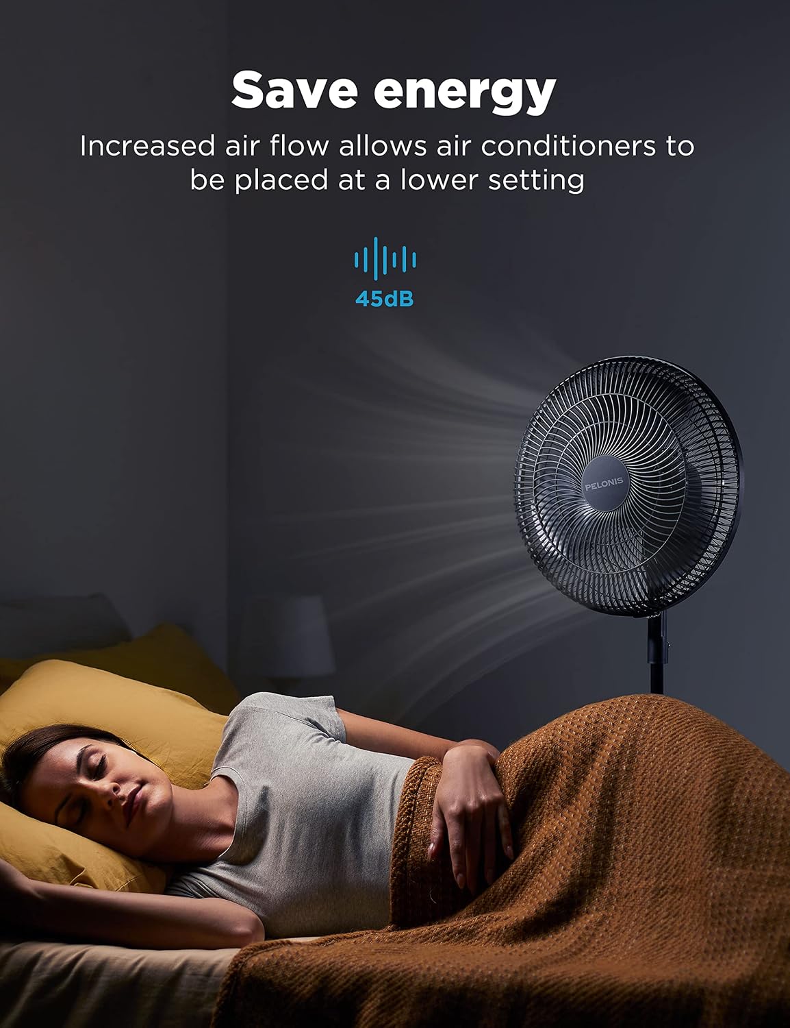 Detalle 2 de PELONIS 16-inch Pedestal Fan with 90° Oscillation, 3 Speeds & Adjustable Height (Black) for Bedroom and Home Office