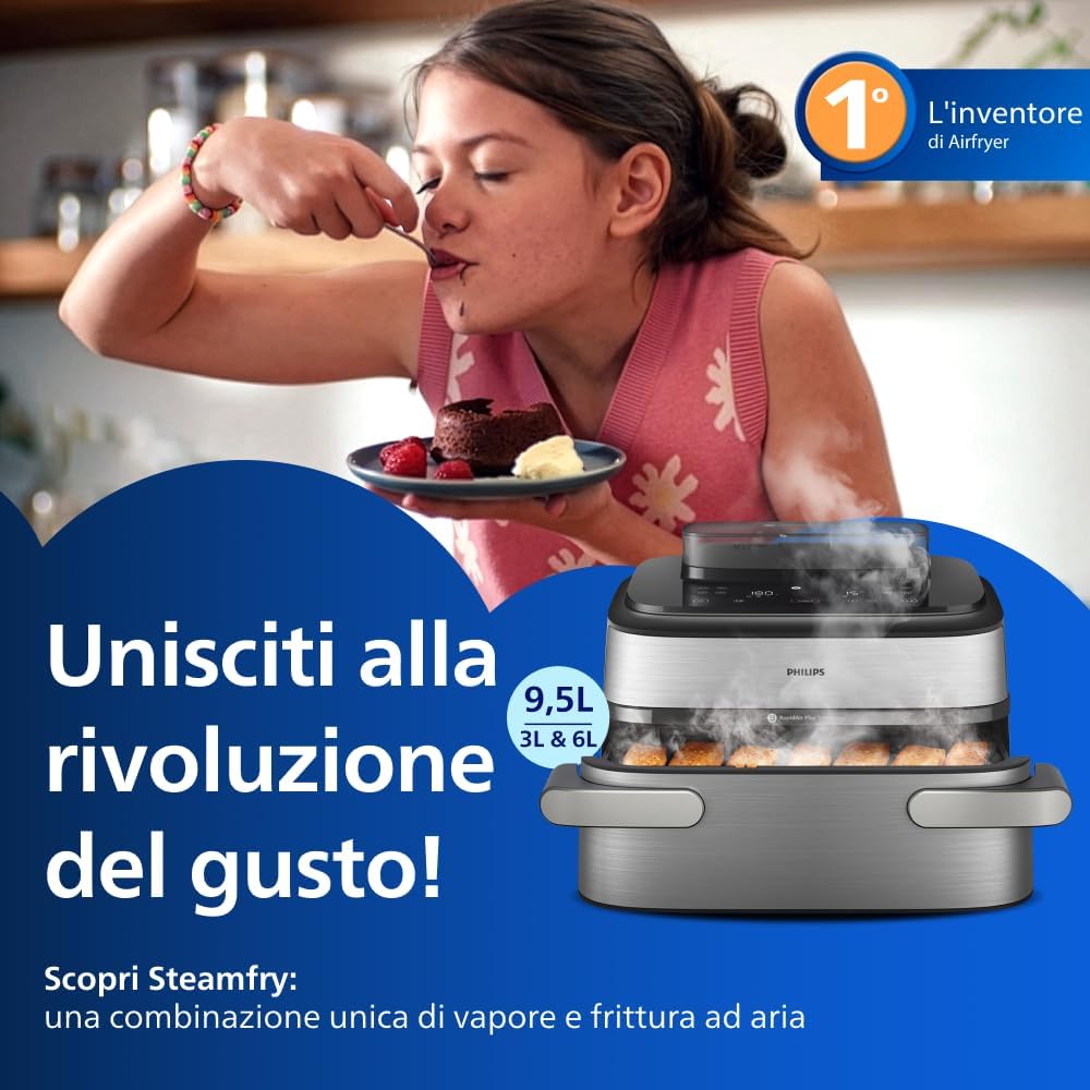 Detalle de Philips Airfryer Serie 5000 con Maxi Capacità e SteamFry – Steam e Frittura ad Aria, 28 Programmi, Doppio Cestello 3L+6L