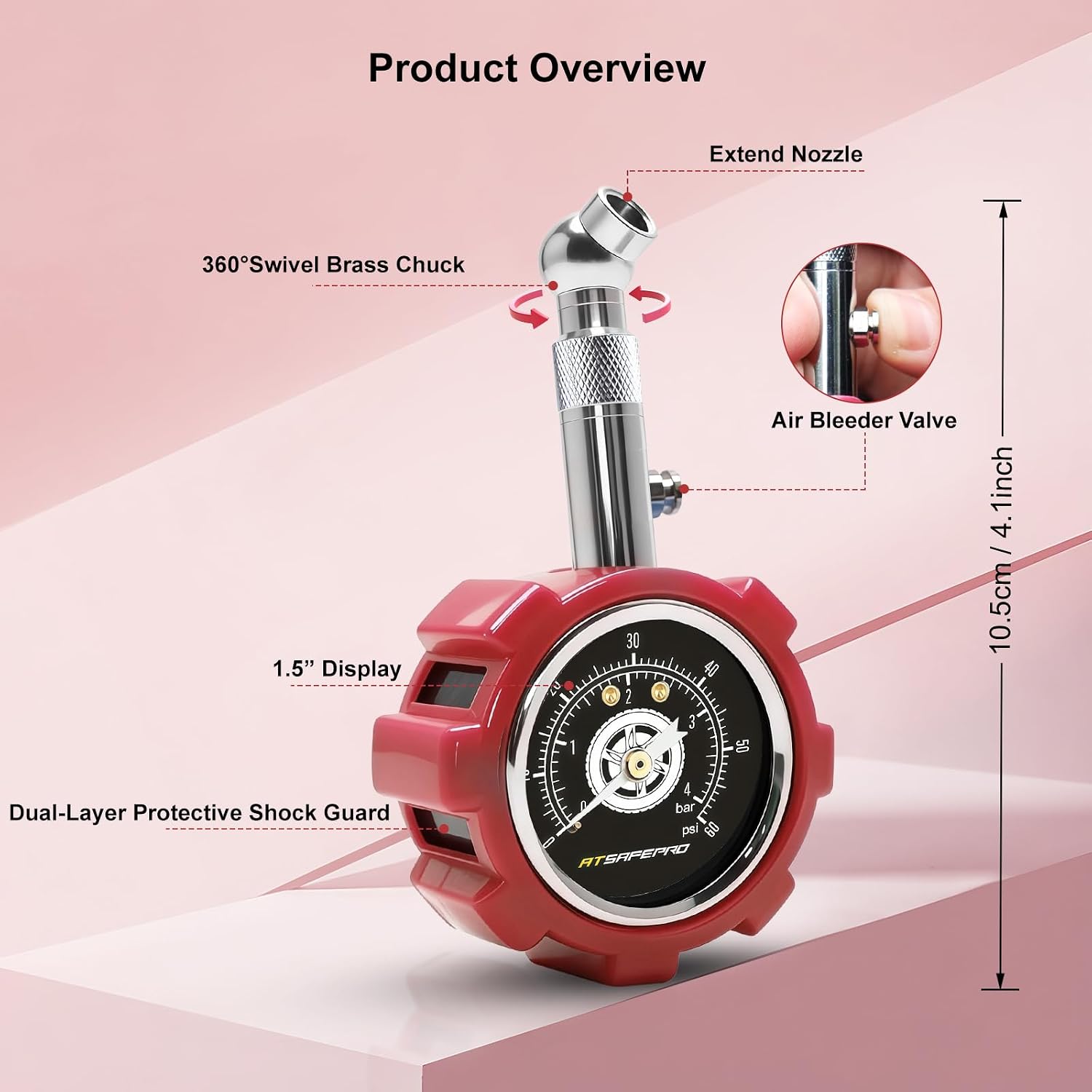 Thumbnail 1 de ATsafepro Red Tyre Pressure Gauge UK – 4 Bar / 60 PSI Mechanical with Glow Dial