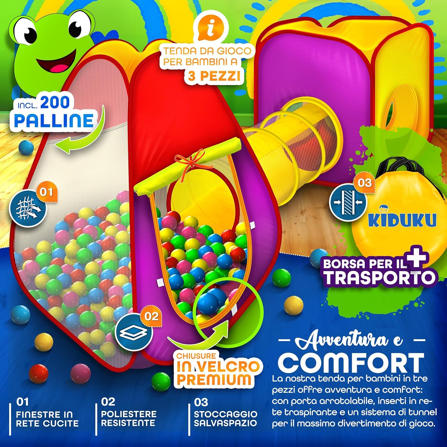 Detalle 2 de KIDUKU Tenda a dado Pop Up con tunnel e 200 palline