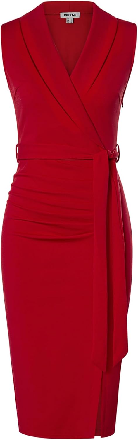 Thumbnail 5 de Robe fourreau GRACE KARIN sans manches – col châle, ceinture amovible, longueur mi-mollet
