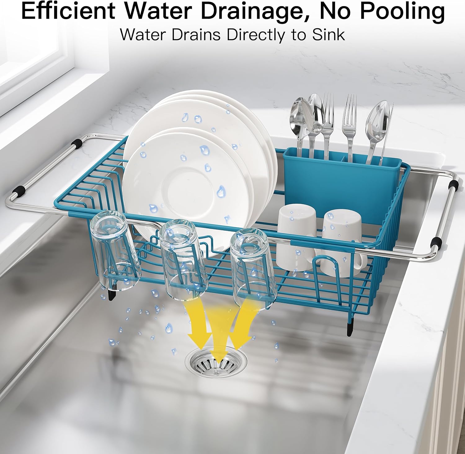 Thumbnail 5 de JASIWAY Blue Stainless Steel Dish Drying Rack, Expandable Over-Sink Design