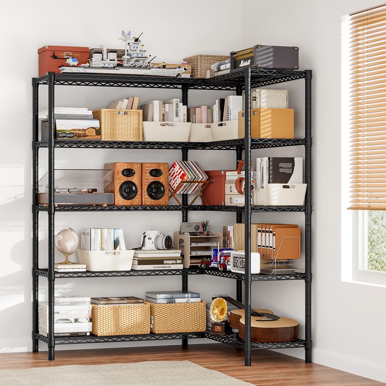 Detalle 2 de CAVSOIR 5-Tier Wire Shelving Unit, 61-Inch Wide Adjustable Black Metal Rack