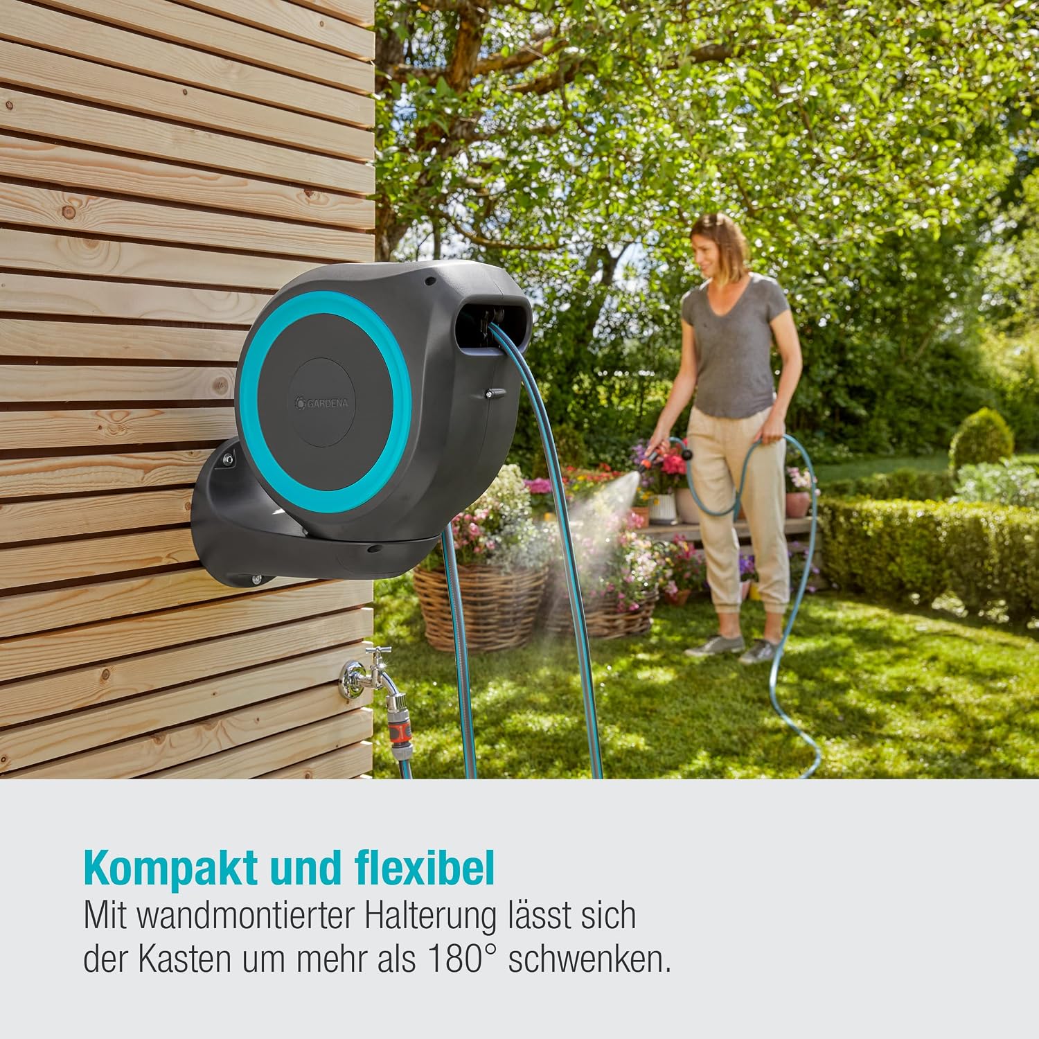 Detalle 2 de GARDENA Wand-Schlauchbox RollUp S türkis 15 m (18600-20) – schwenkbare Trommel mit Wandhalterung