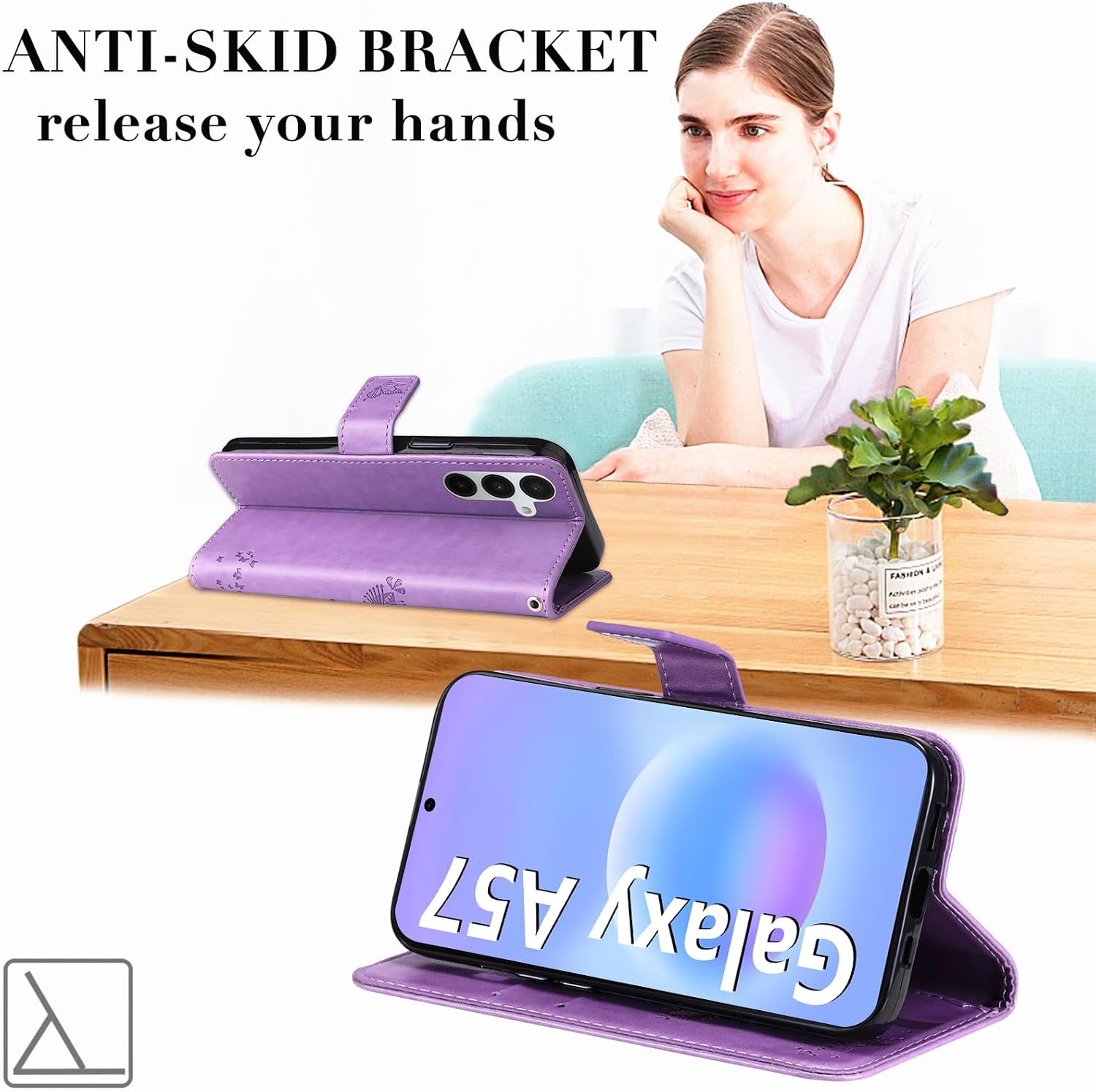 Detalle de Hancda Leather Wallet Case with Tempered Glass for Samsung Galaxy A57 5G – Purple