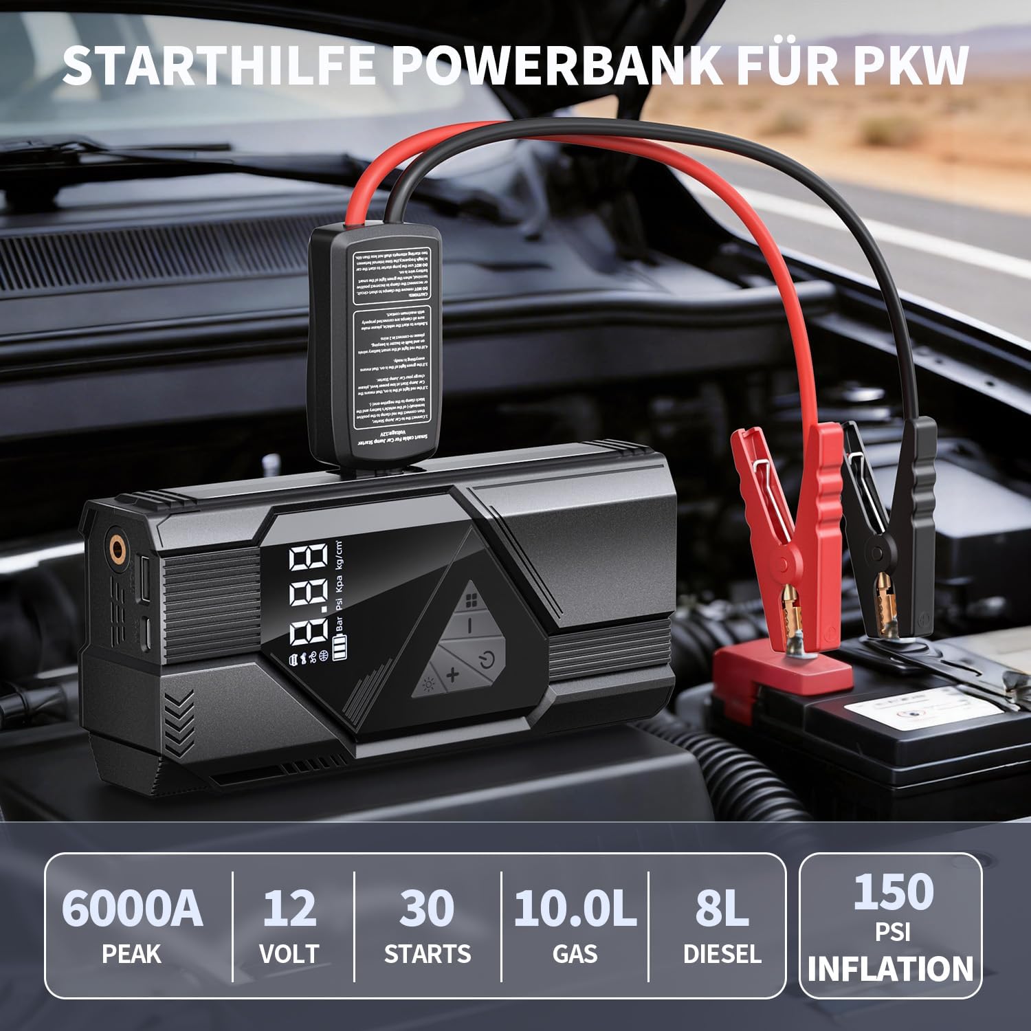 Detalle 2 de FINIBO Starthilfe Powerbank für PKW – 6000A Jump Starter mit LCD Display