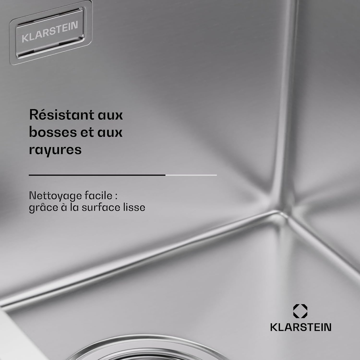 Detalle 2 de Klarstein évier de cuisine 1 bac avec égouttoir en acier inox 304 – 79x44 cm, design élégant et pratique