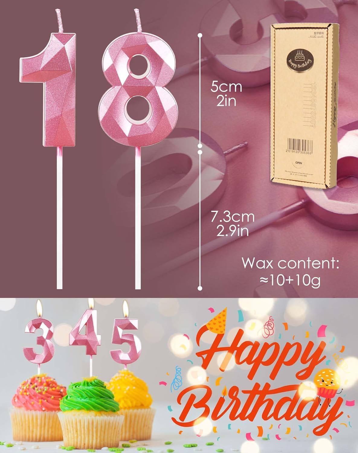 Detalle 2 de Yiran Pink 35th Birthday Candles – 3 & 5 Numeral Pink Cake Topper Candles