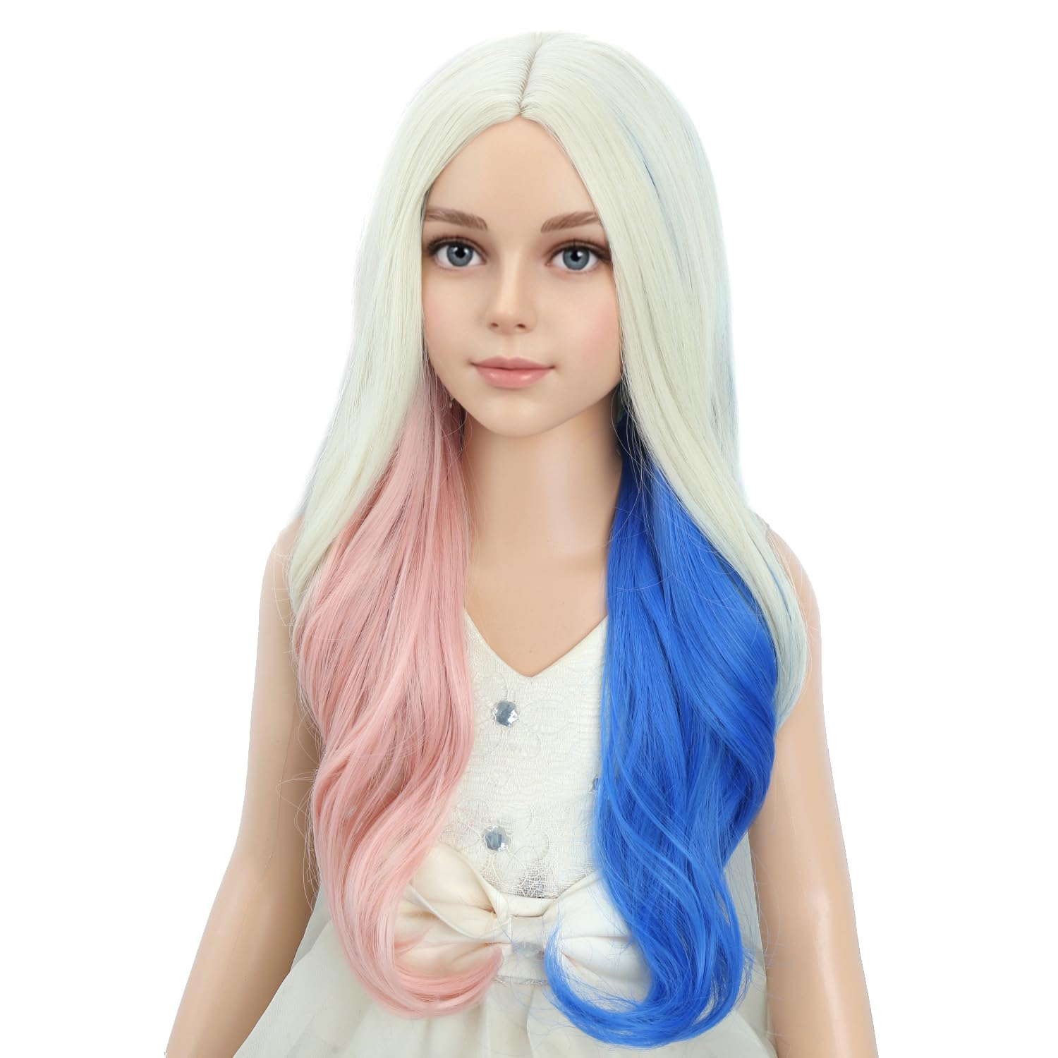 Detalle 2 de PATTNIUM Pink and Blue Wavy Wig for Kids, 22-Inch Heat-Resistant Synthetic Hair