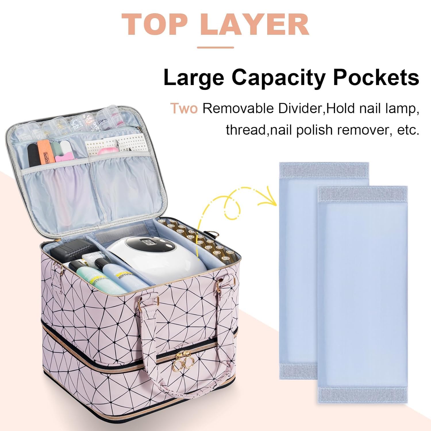 Detalle de Uross Nagellack Organizer für 84 Nagellackflaschen & 1 LED-Nagellampe (rosa) – Aufbewahrungstasche für Nail-Design-Zubehör