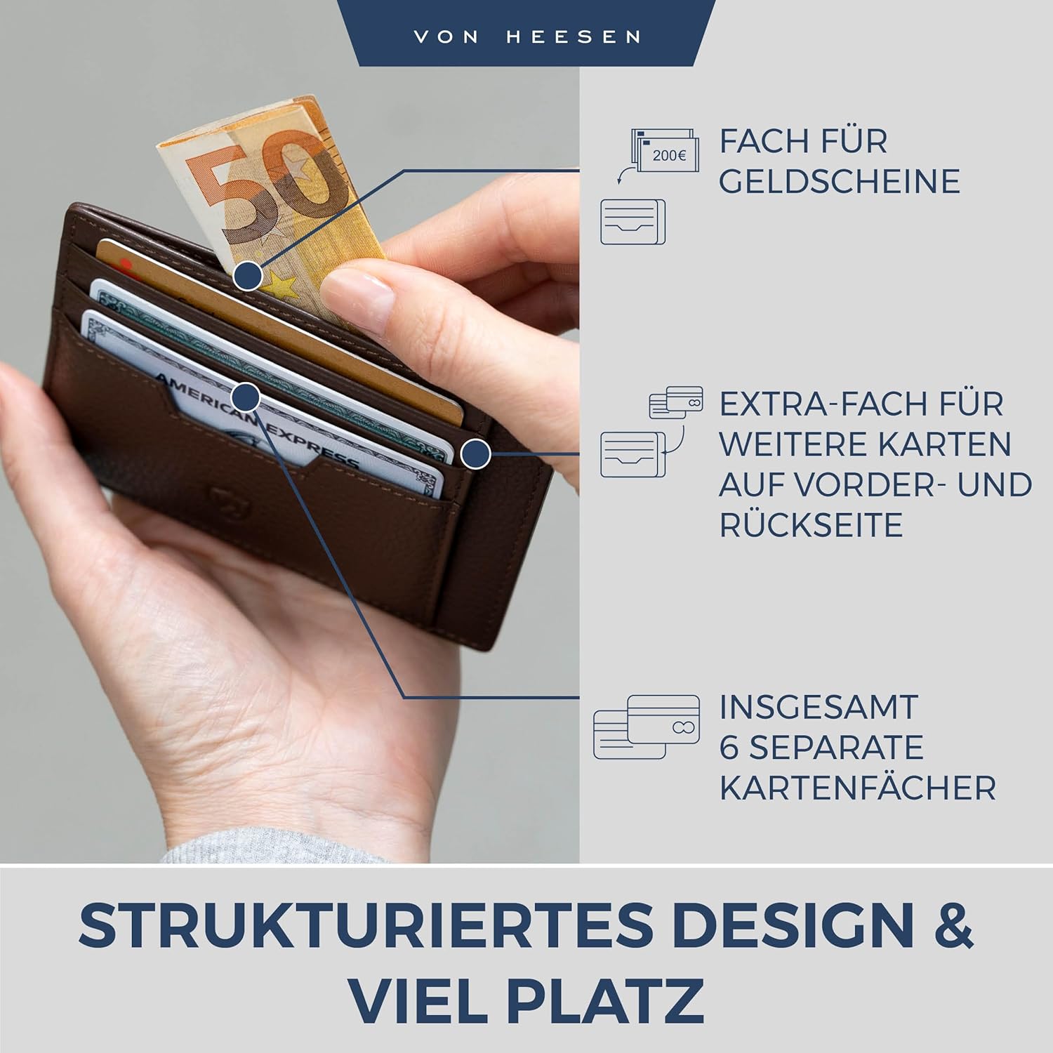 Thumbnail 1 de VON HEESEN Echtleder RFID Kartenetui aus Nappa-Leder – Querformat mit 9 Fächern, Braun
