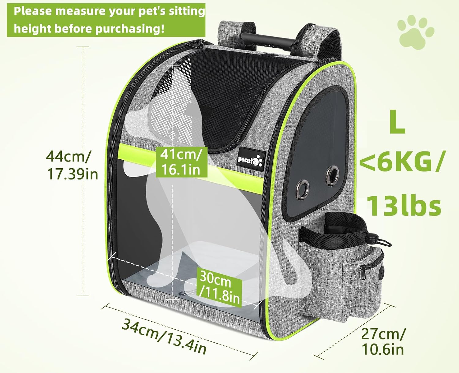 Detalle 2 de Pecute Cat Carrier Dog Backpack Expandable in Grey (L) – Portable breathable rucksack with top opening