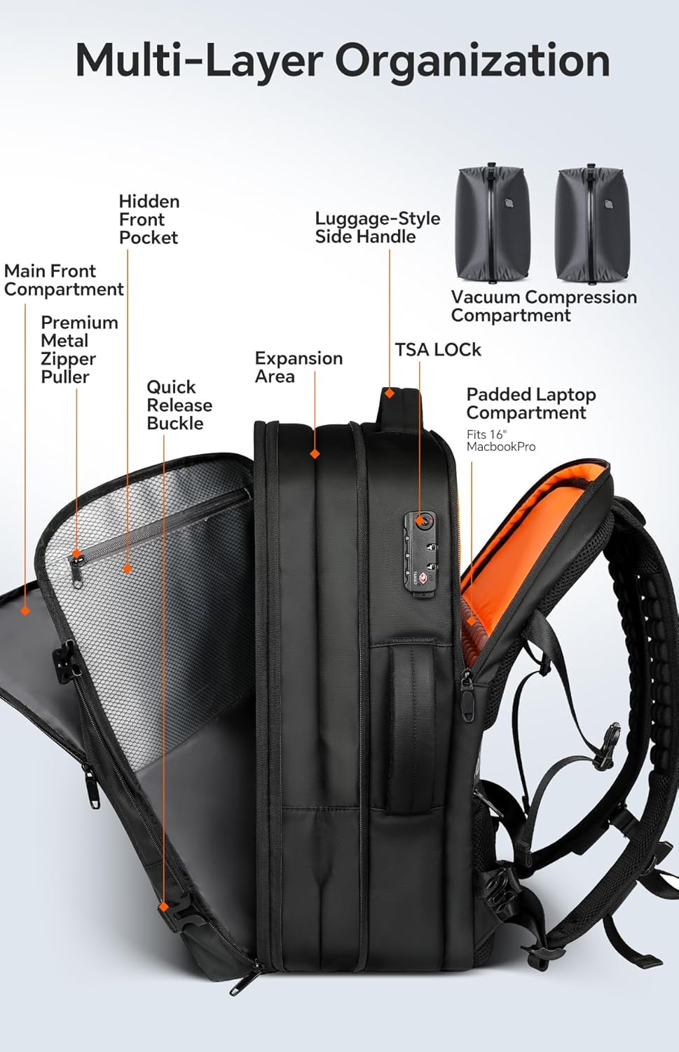 Thumbnail 4 de FIROVIAN Vacuum Backpack Travel 70L Expandable Carry-On with Compression System and 2 Detachable TPU Vacuum Bags