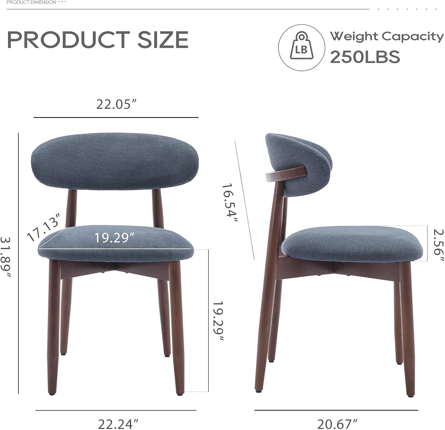 Detalle 2 de COLAMY D6270US Dining Chairs, Blue Fabric Upholstery, Rubberwood Frame, Set of 2