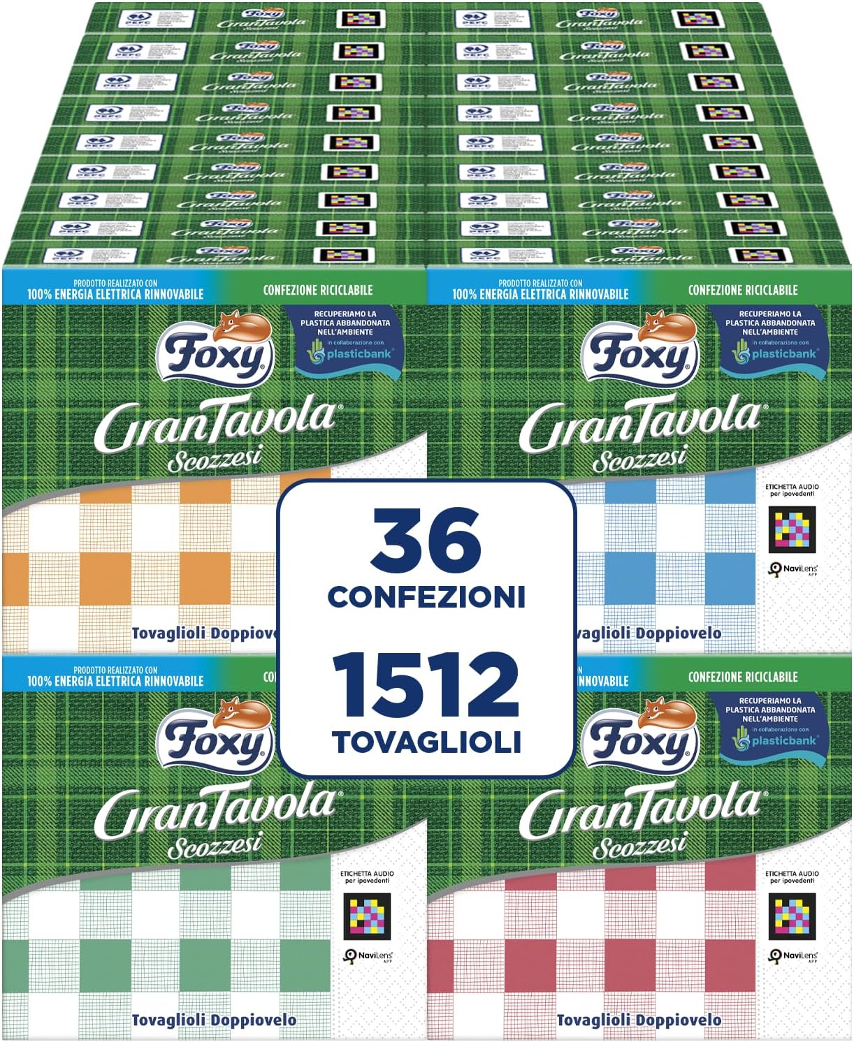 Detalle de Foxy GranTavola Scozzesi – Tovaglioli Doppiovelo, 36 Confezioni da 42 pezzi (32x32,5 cm) con Decoro Scozzese in 4 Colori