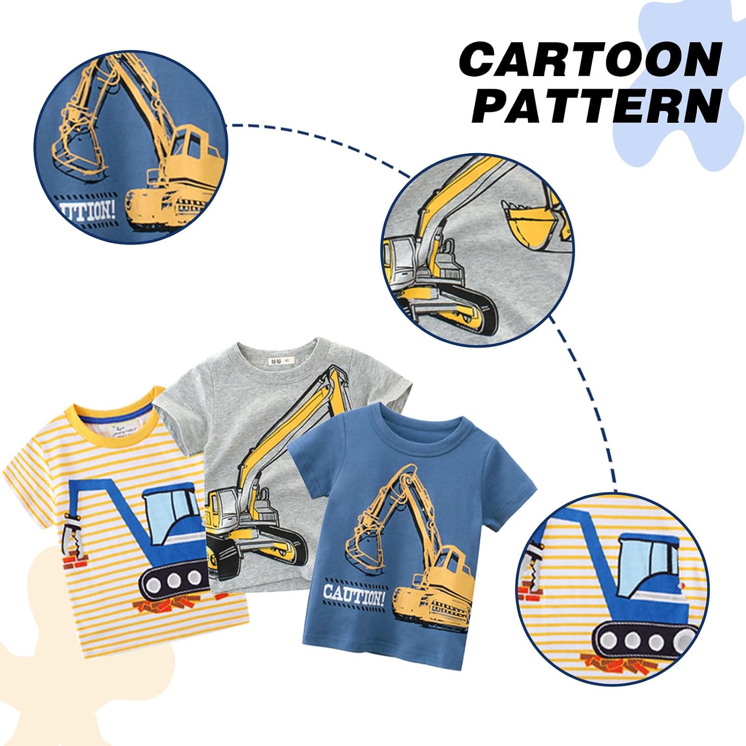 Detalle de Kinder T-Shirt Jungen Kurzarm „Cartoon Bagger“ im 3er-Set (2–7 Jahre) – Baumwolle