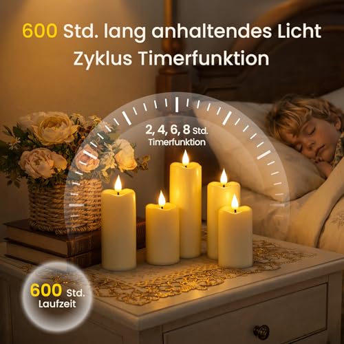 Thumbnail 1 de Yeelida flackernde LED-Kerzen-8er-Set mit Fernbedienung und Zeitschaltuhr – elfenbeinfarbene, batteriebetriebene Kerzen (verschiedene Größen)