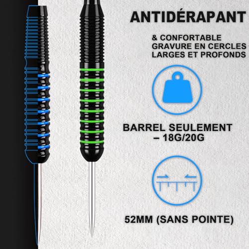Detalle de Grebarley Lot de 12 fléchettes Professionnelles – 6 x 20 g / 6 x 22 g, tiges en aluminium et ailettes robustes