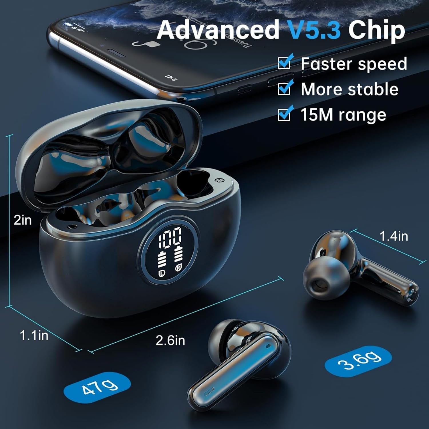 Detalle de Fhumsh Wireless Earbuds with LED Display and Bluetooth 5.3
