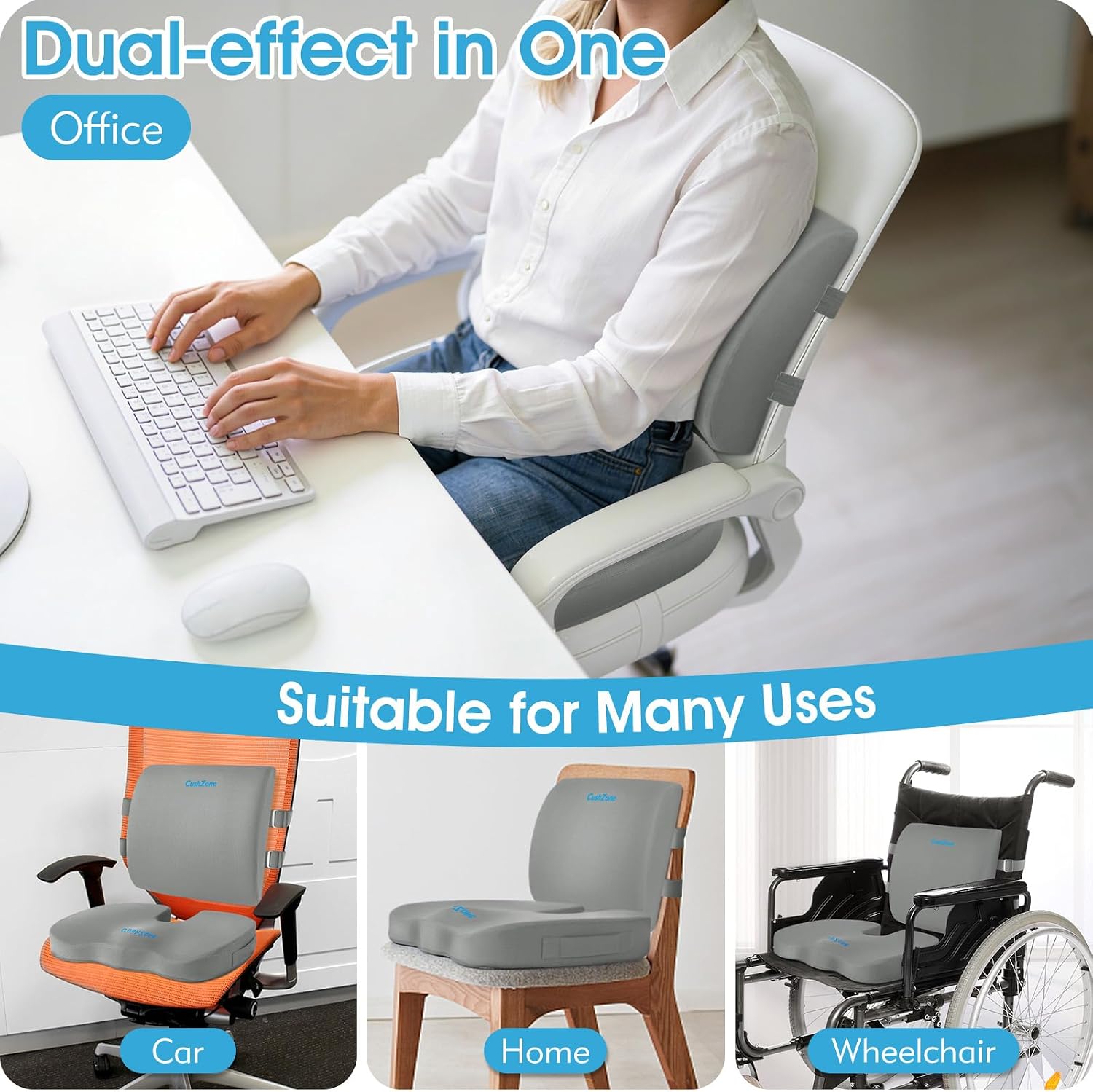Thumbnail 5 de CushZone Seat Cushion & Lumbar Support Pillow, X-Large Light Gray Memory Foam
