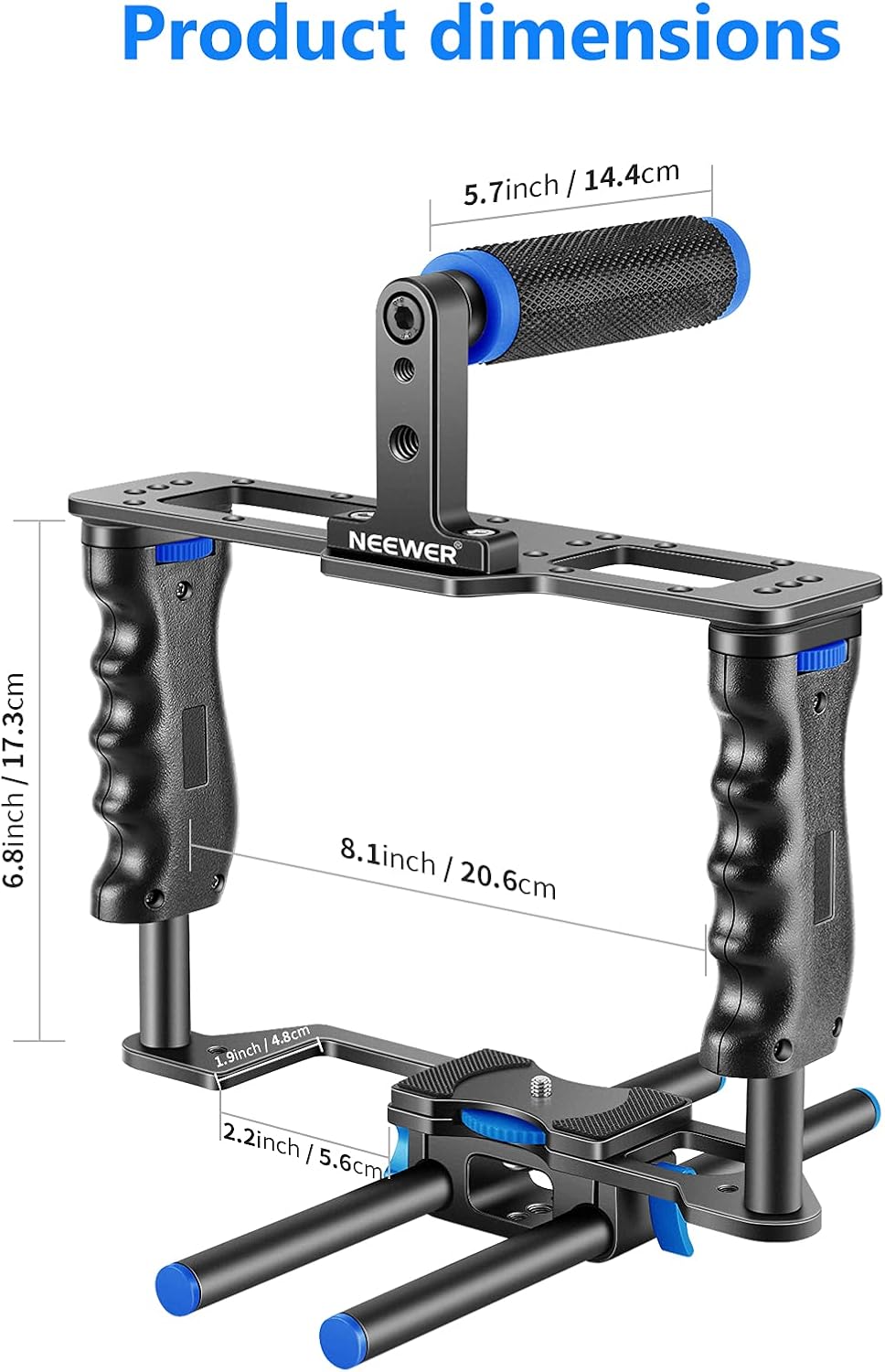 Detalle de Neewer kit cage vidéo en aluminium pour appareil photo (poignée supérieure, double poignée, 2 tiges 15 mm) Noir + Bleu